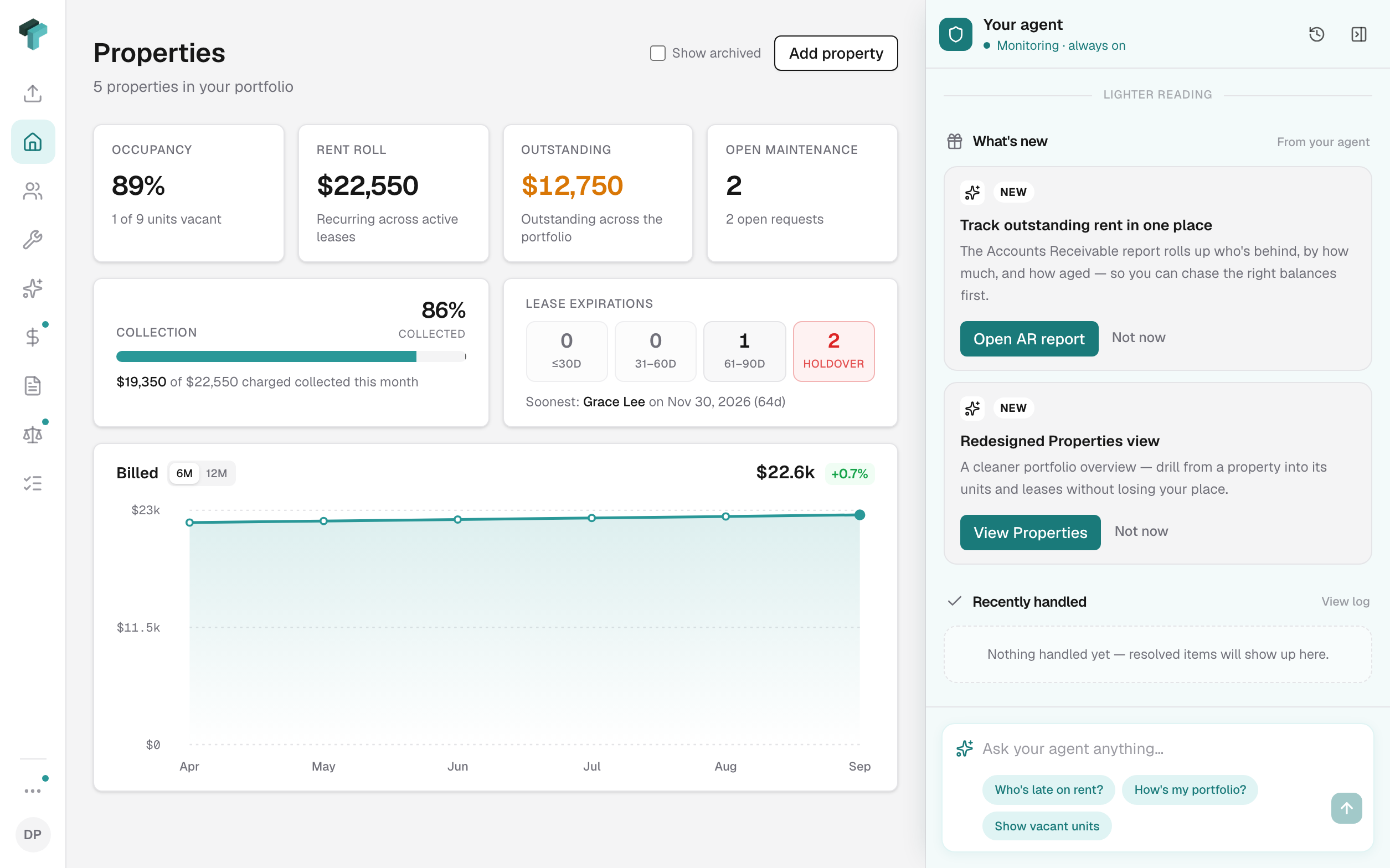 The operator dashboard with the copilot docked in the right pane, watching the portfolio while you work in the other.