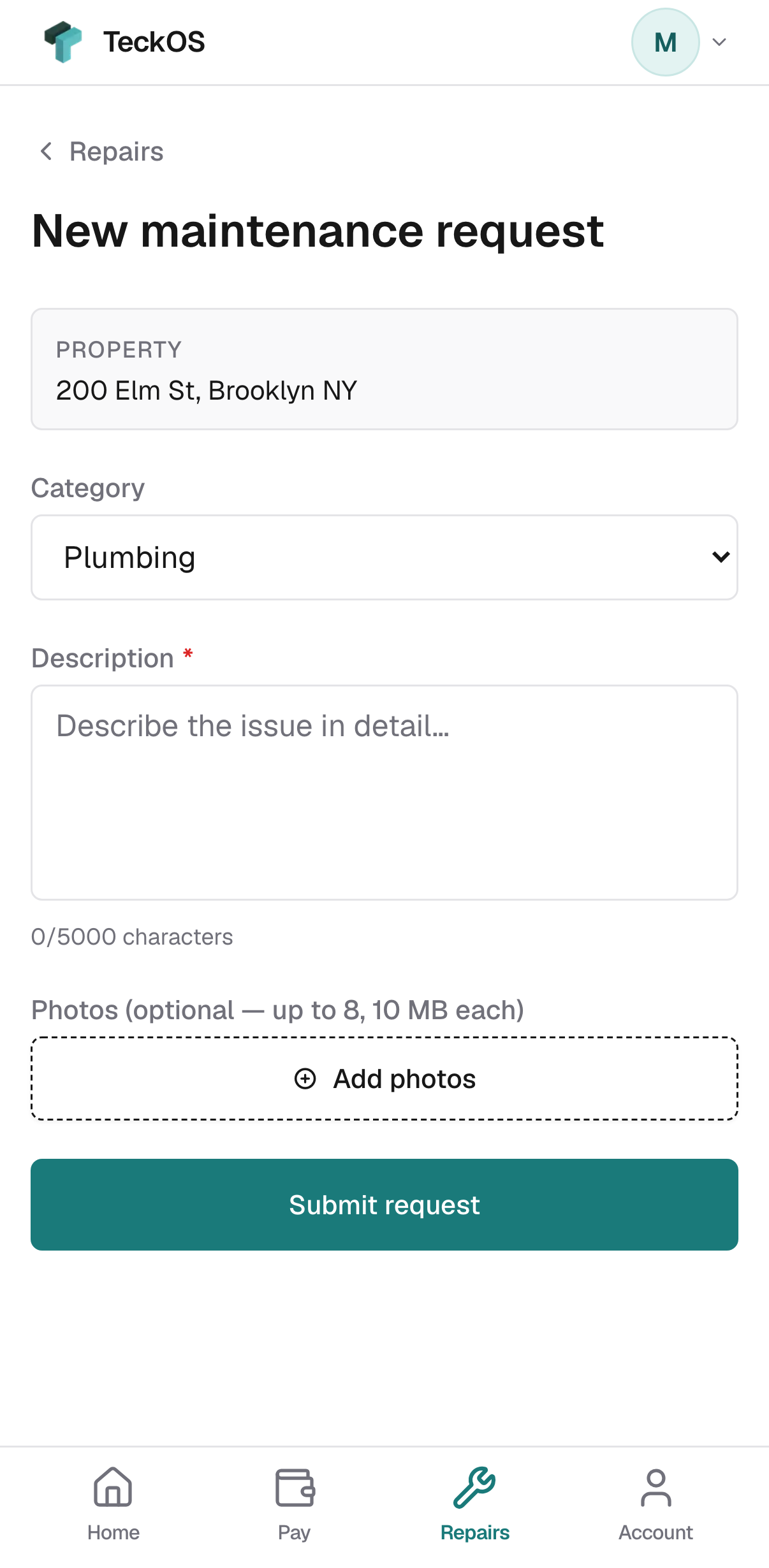 The tenant portal's new maintenance request form on a phone.