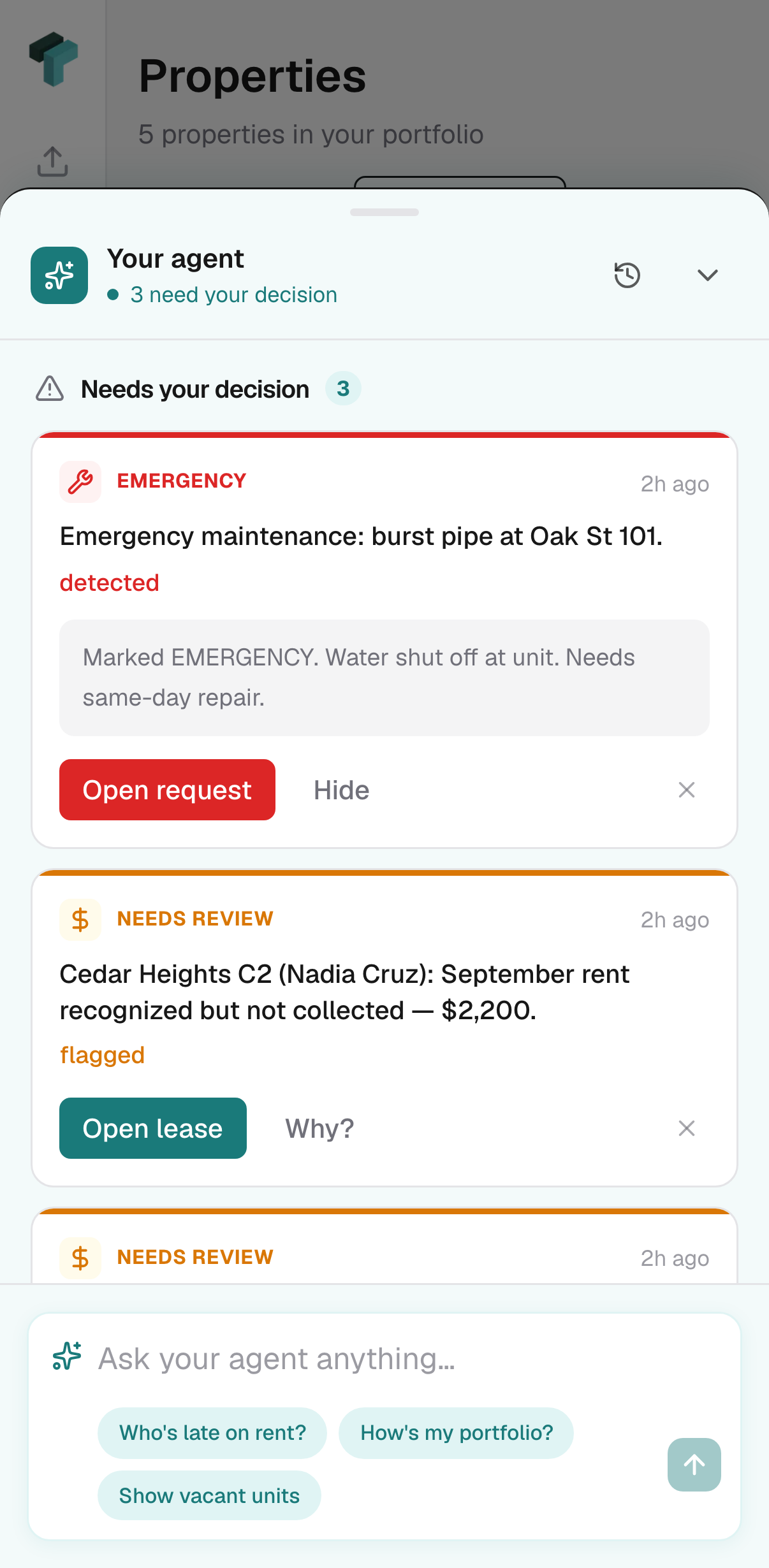 The agent opened over the dashboard: an emergency repair and two aged balances that need a decision.
