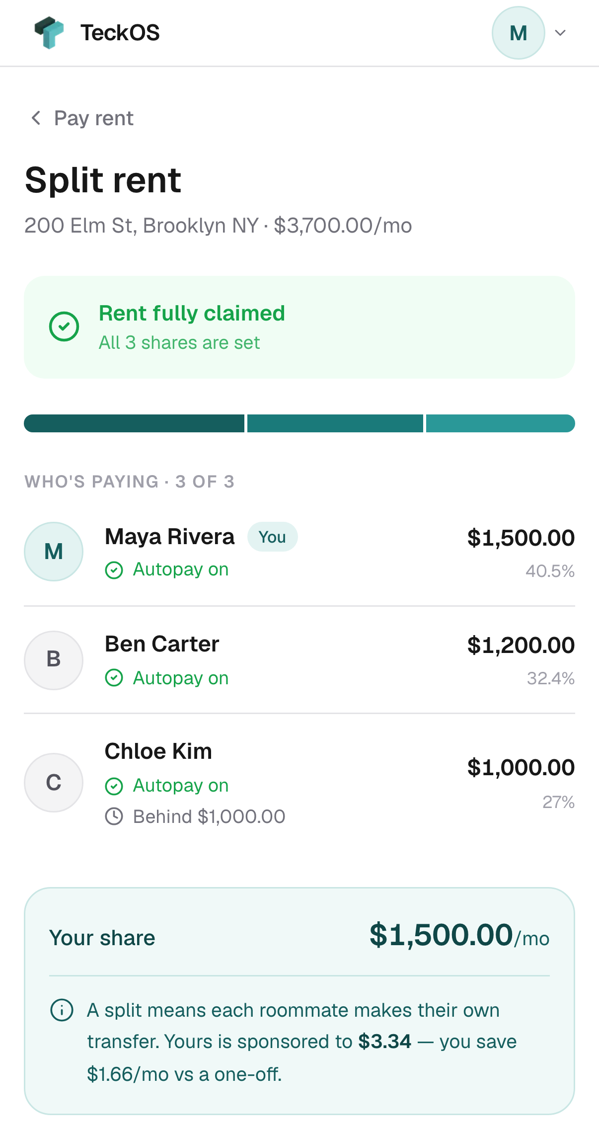 The tenant portal's Split rent screen: three roommates' shares of $3,700 rent, each on autopay.