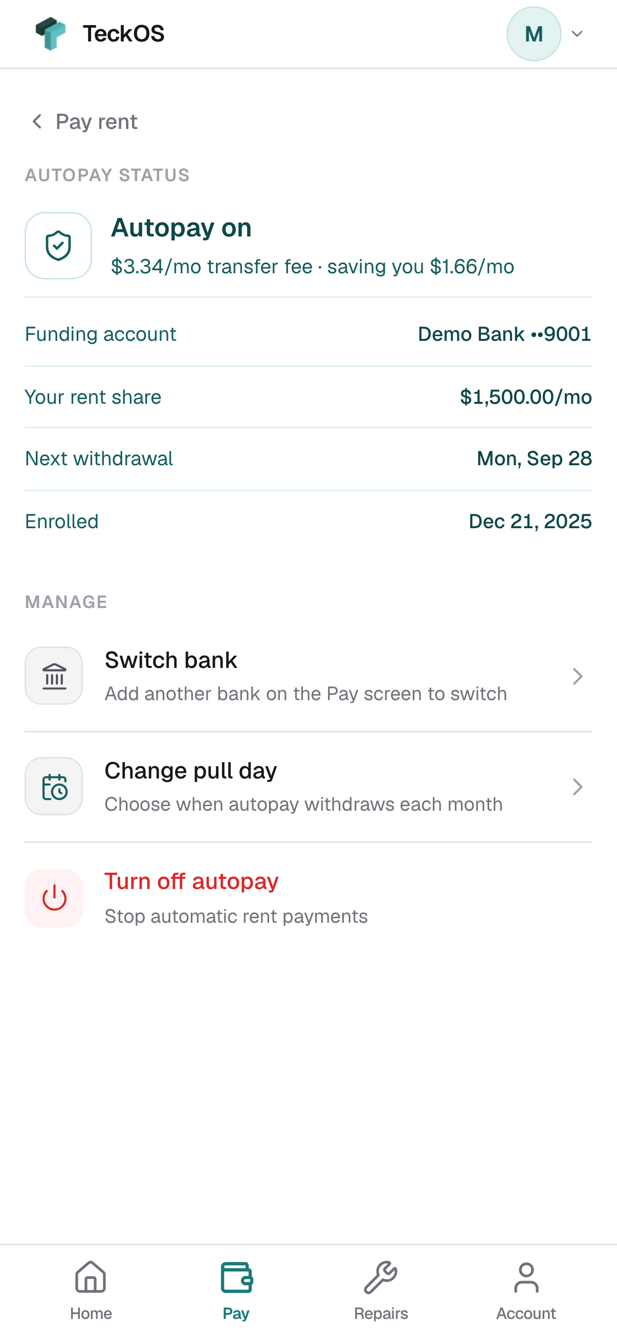 The tenant portal's autopay screen: funding account, rent share and next withdrawal.