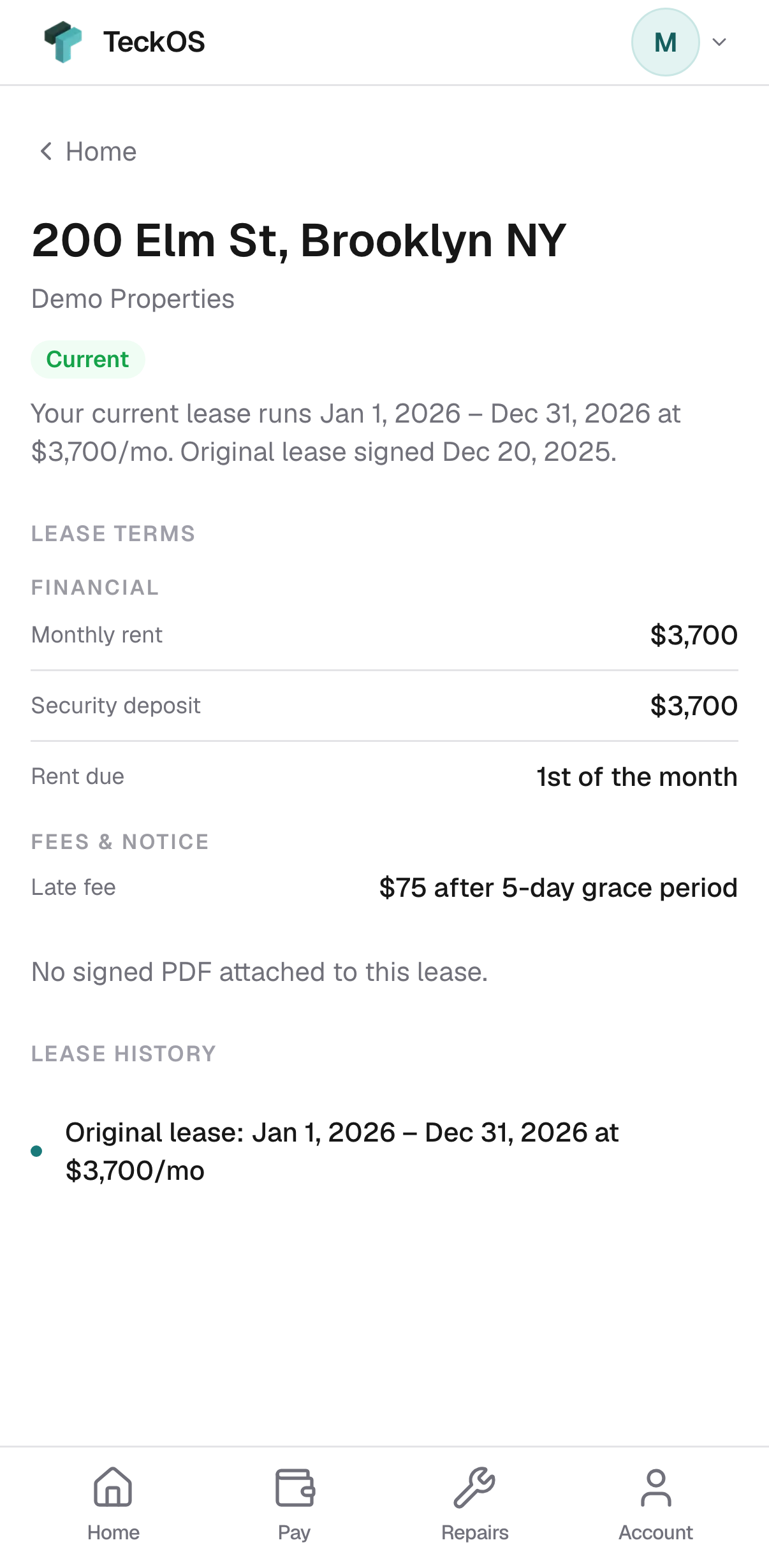 The tenant's lease and its terms on a phone.