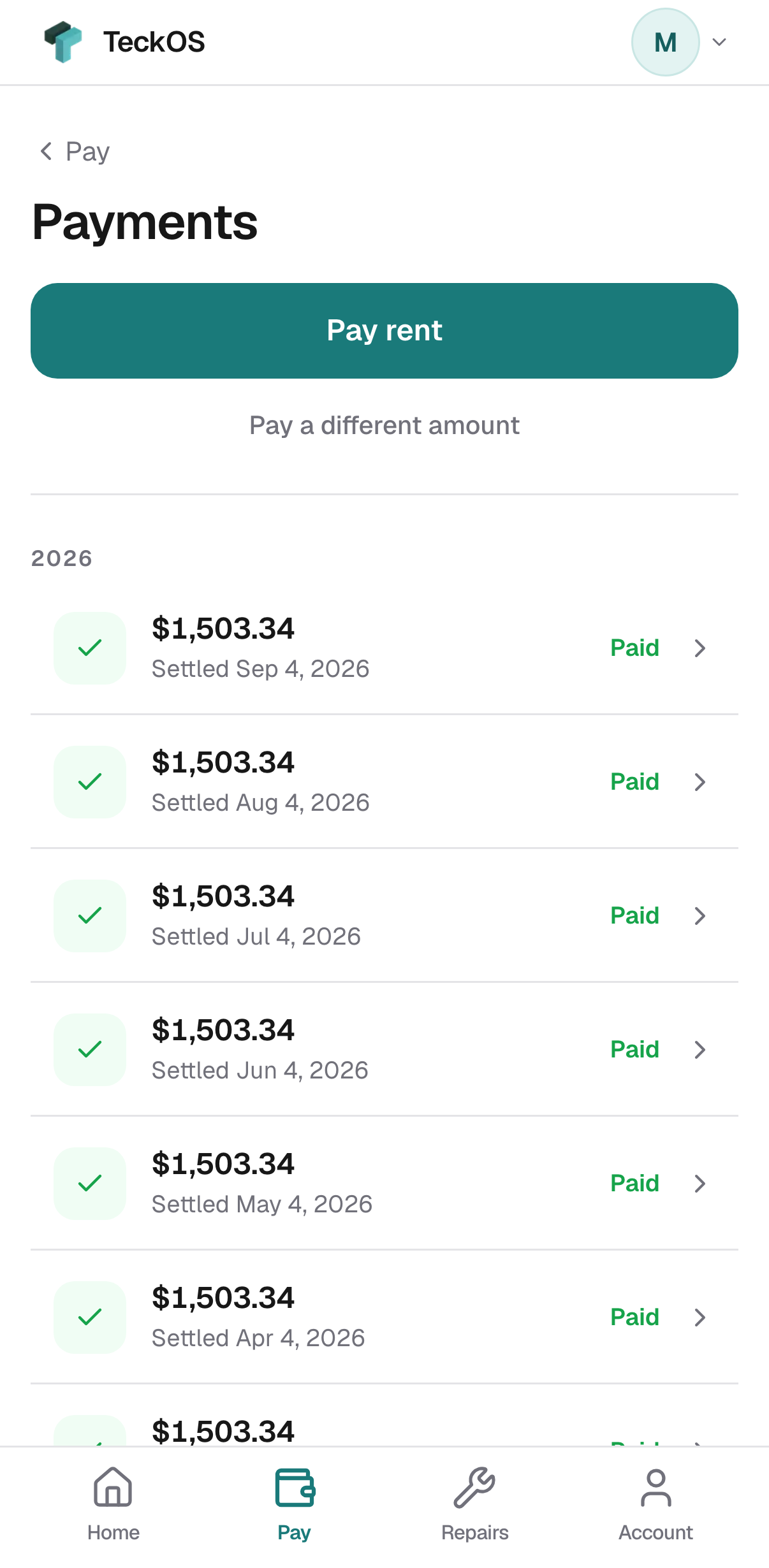 The tenant's payment history on a phone.