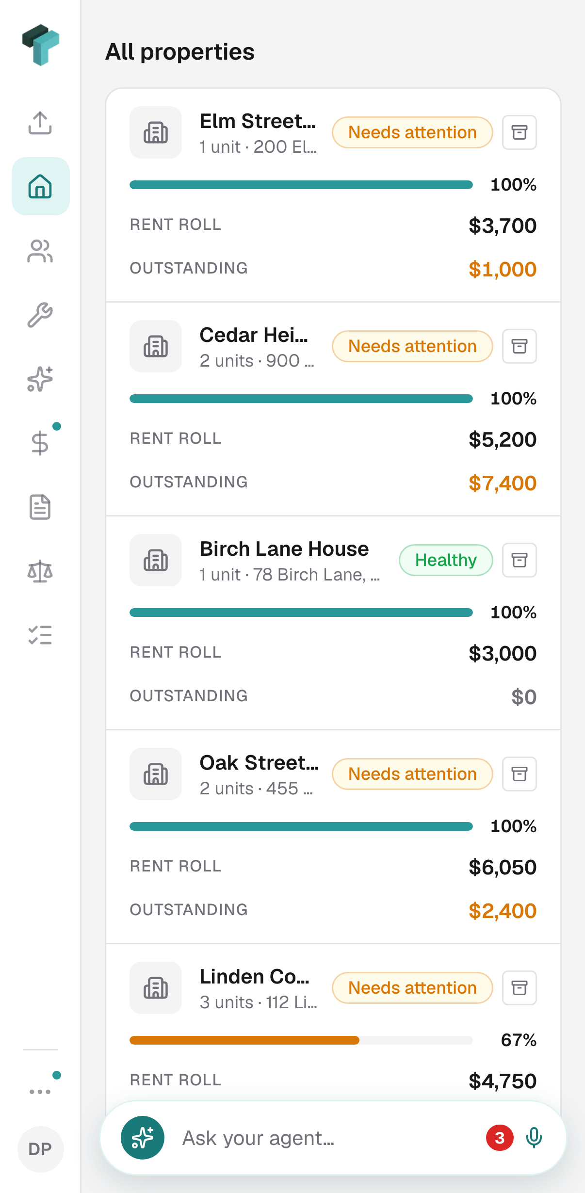 The operator's All properties list on a phone: every building in the portfolio, one scroll down.